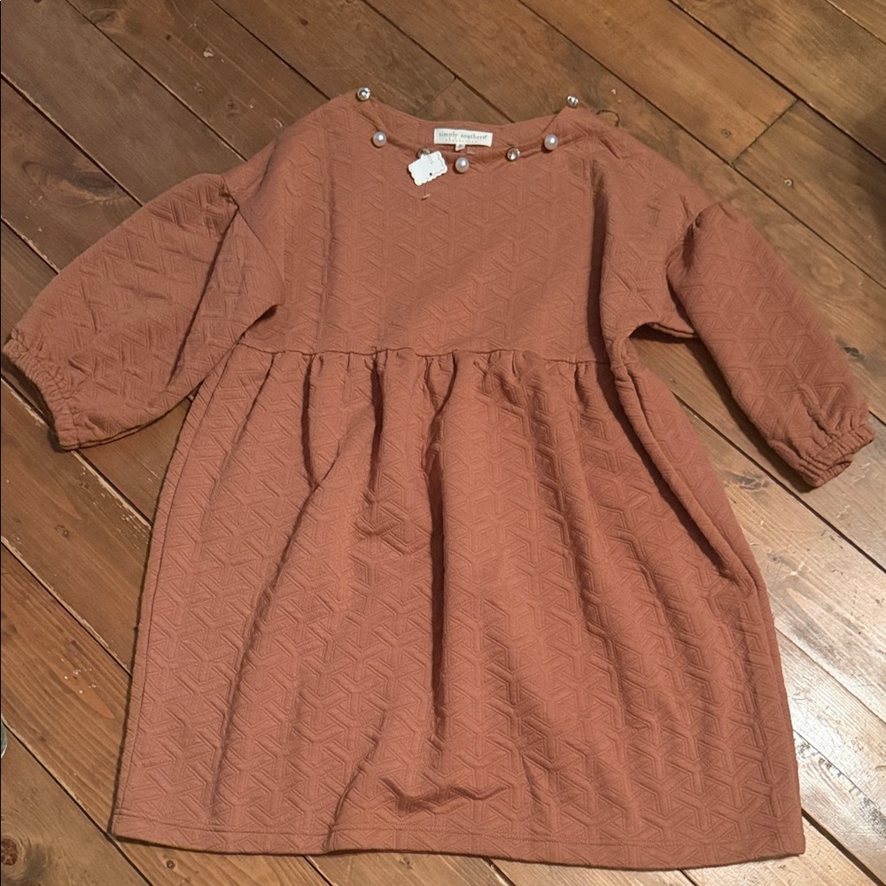 Simply Southern Dusty Rose Quilted Long-Sleeve Girls' Dress with Pearls